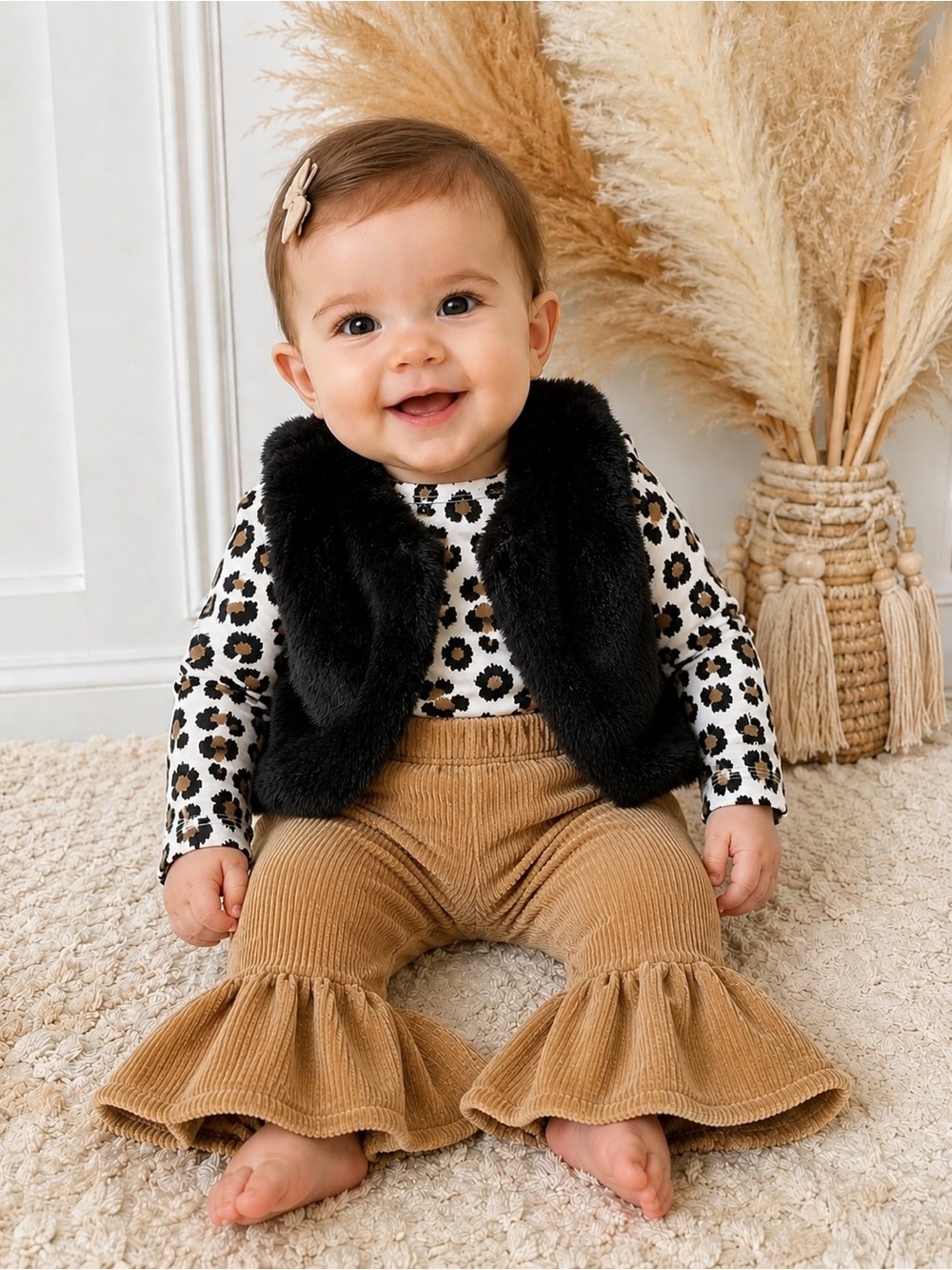 NWT Rachel Zoe Baby 3-Piece Leopard Print Outfit Set 0-3 Months Faux Fur Vest